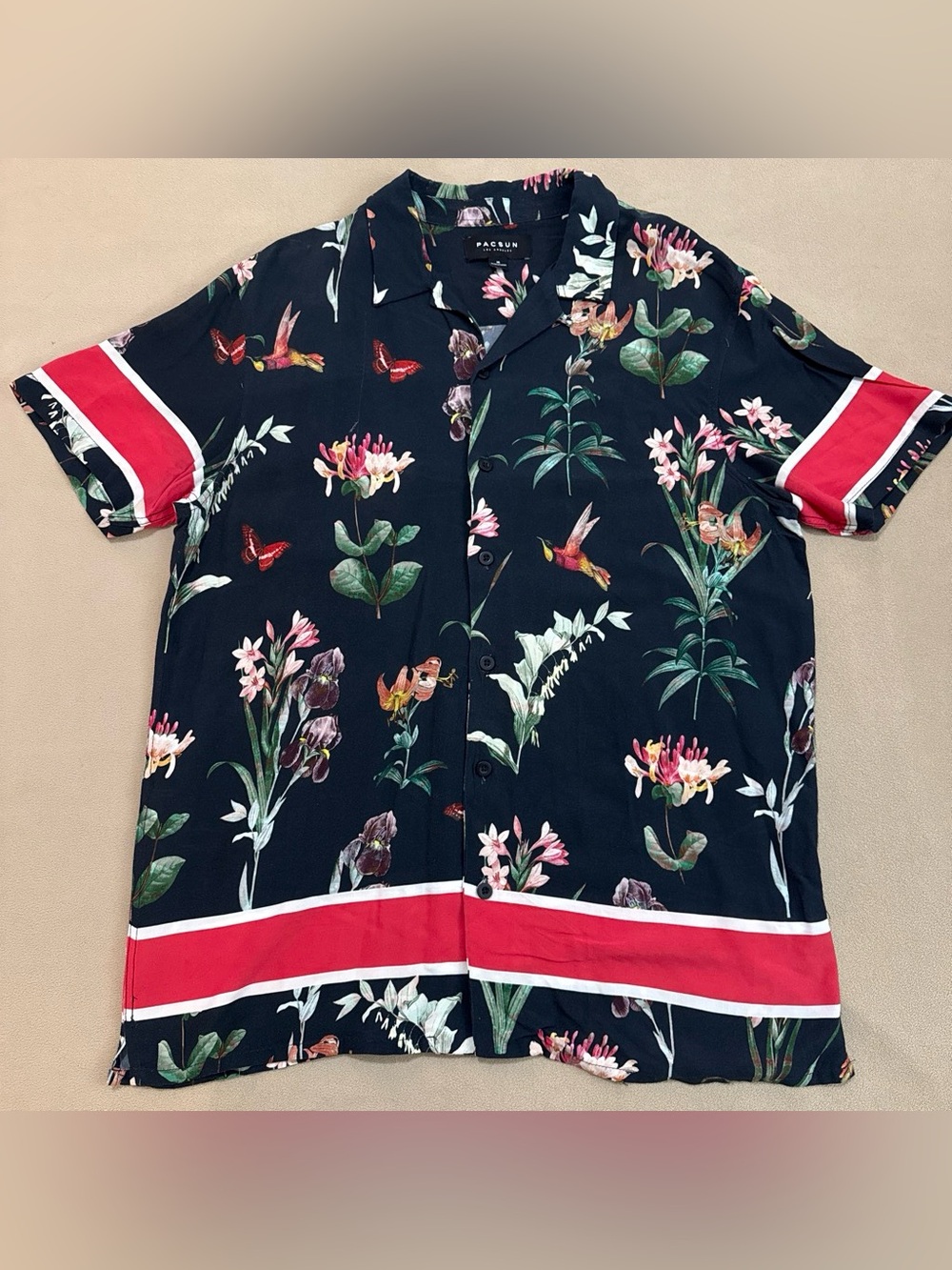 PacSun Black Floral Hummingbird Short Sleeve Button-Up with Red Trim